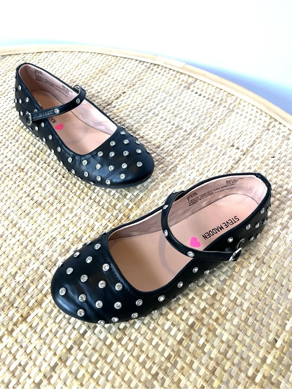 Steve Madden Jvinetar black Mary Jane flat vegan leather rhinestone studs Girl 3